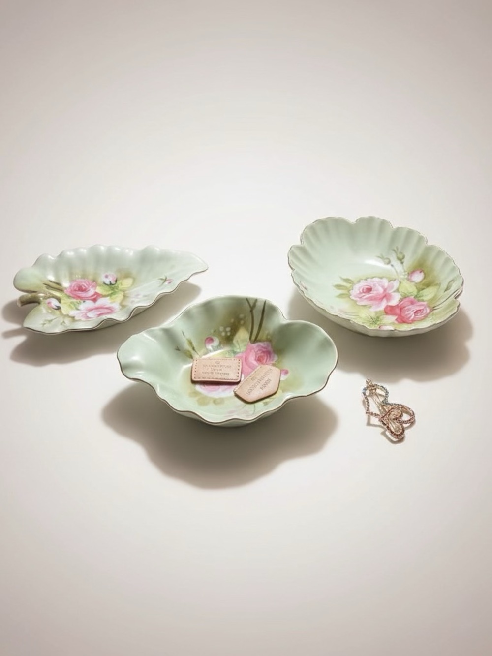 Leone China | Hand Painted Floral Leaf Porcelain Dish Set of 3 Green Pink 1860